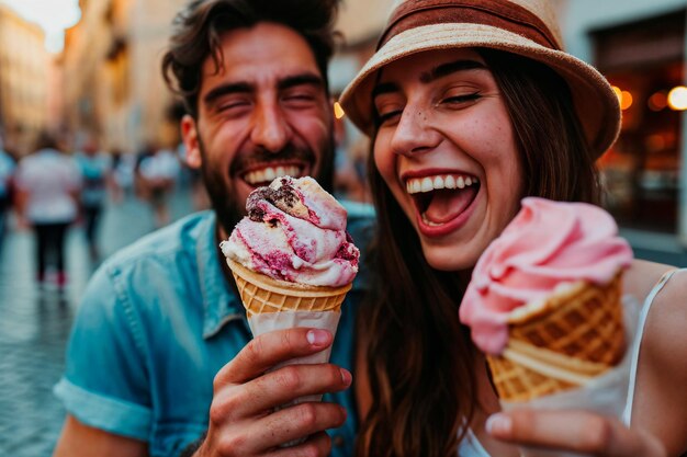 Un couple savourant joyeusement une glace à Rome