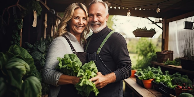 Un couple scandinave d'âge moyen avec leur récolte de légumes de jardin.