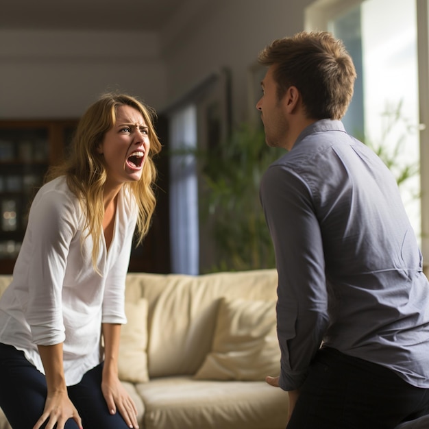 Photo un couple se dispute dans le salon.