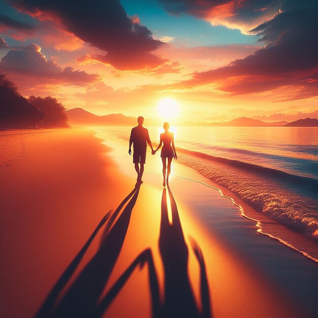 Un couple se promenant main dans la main le long d'une plage au coucher du soleil