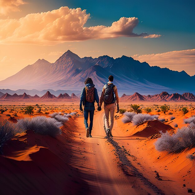 Photo un couple se promène dans le désert avec des montagnes en arrière-plan