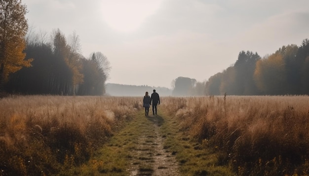 Un couple se promène dans la forêt d'automne en profitant de la convivialité générée par l'IA