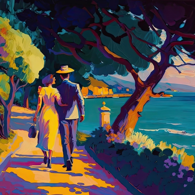 Un couple se promène le long du quai français Couleurs vives Art moderne Abstrait Illustration AI générative