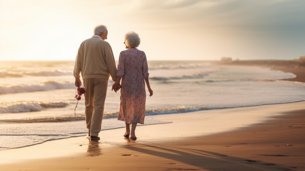 Un couple se promène sur la plage au coucher du soleil, se tenant par la main et profitant de leurs vacances.