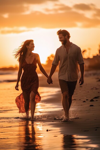 Un couple se promène sur la plage au coucher du soleil.