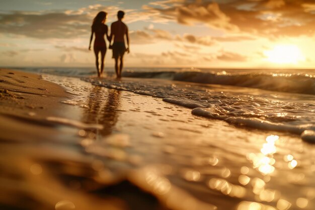 Un couple se promène sur la plage au coucher du soleil