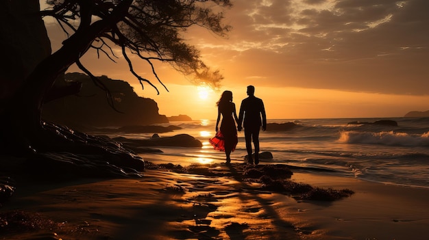 un couple se promène sur une plage au coucher du soleil