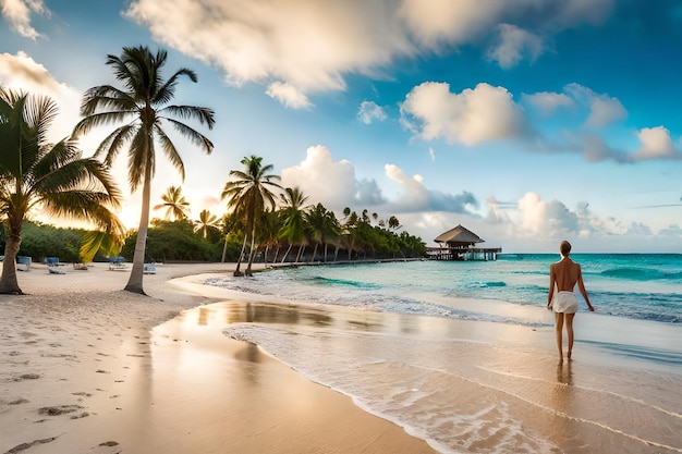 Un couple se promène sur la plage devant une île tropicale.