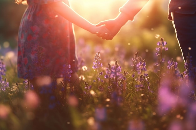 Un couple se tenant la main dans un champ de fleurs