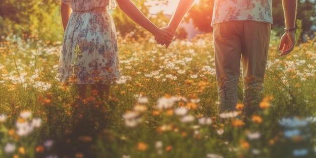 Un couple se tenant la main dans un champ de fleurs