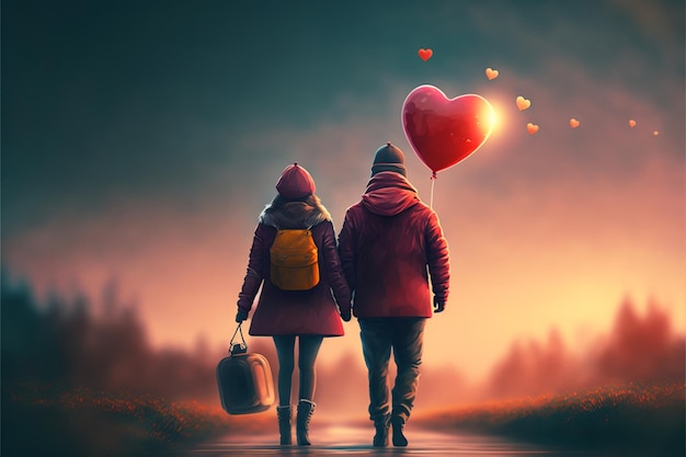 Un couple se tenant la main et marchant sur une route avec un ballon en forme de coeur en arrière-plan.