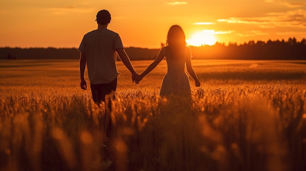 Un couple se tenant par la main dans un champ au coucher du soleil AI générative AI