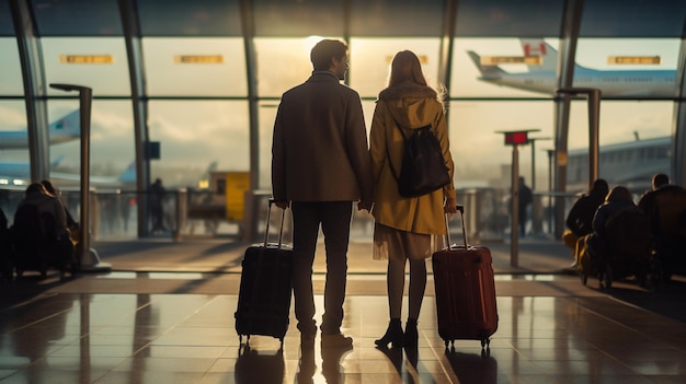 un couple se tenant par la main et marchant vers un aéroport avec un panneau disant " bienvenue à l'aéroport ".