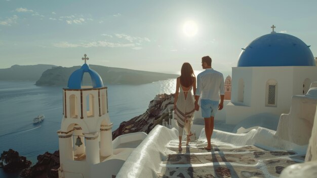 Photo un couple se tenant par la main et regardant l'océan dans la pittoresque toile de fond de santorin