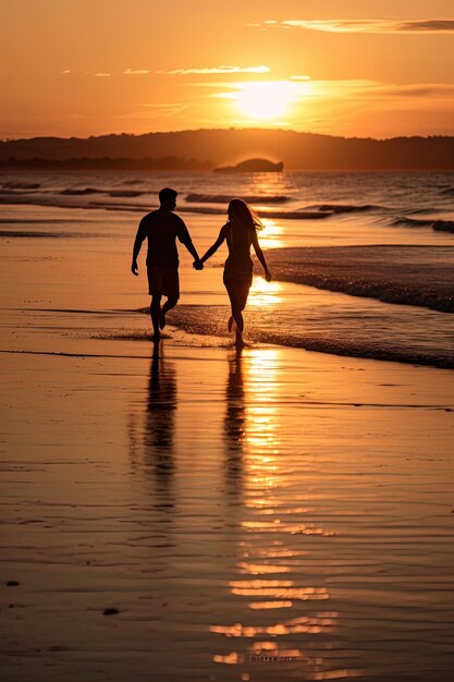 Photo un couple se tenant par la main et se promenant sur la plage au coucher du soleil