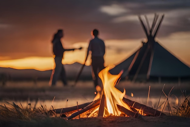 un couple se tient autour d'un feu de camp et un homme se tient à côté d'un feux de camp.