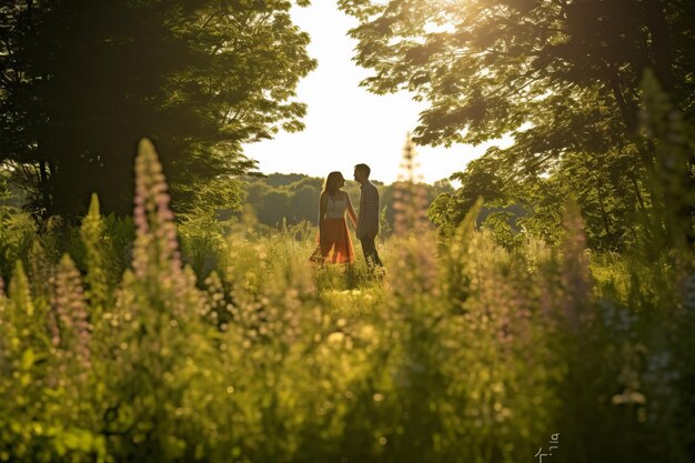 Un couple se tient dans un champ de fleurs, le soleil brille sur eux.