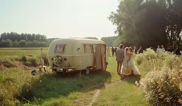 Photo un couple se tient à l'extérieur avec une petite tente en arrière-plan