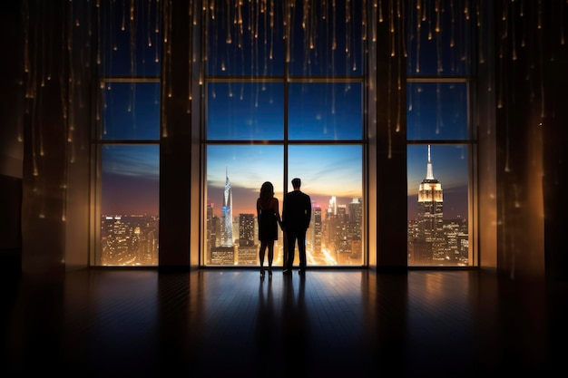 Un couple se tient à la fenêtre panoramique d'un gratte-ciel surplombant le paysage urbain nocturne