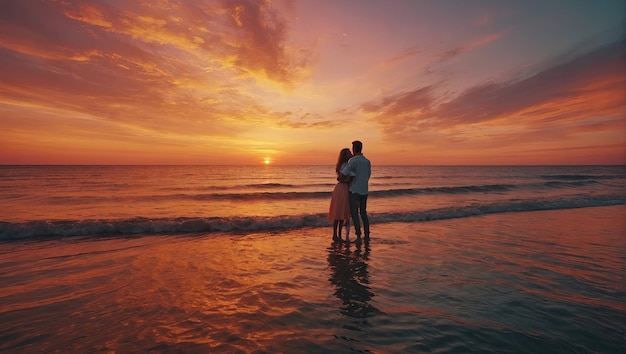 Le couple se tient sur le rivage en s'embrassant en appréciant la beauté du coucher de soleil et la belle vue