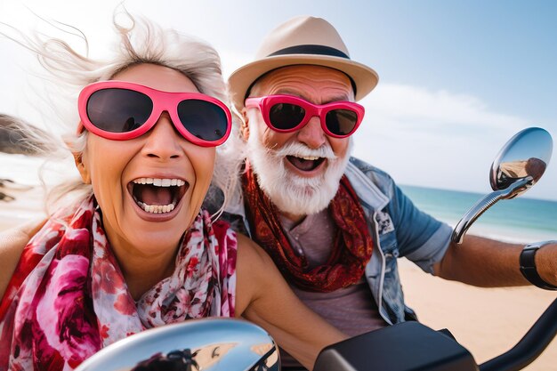 Couple senior mature sur moto dans le style de l'IA générative selfie