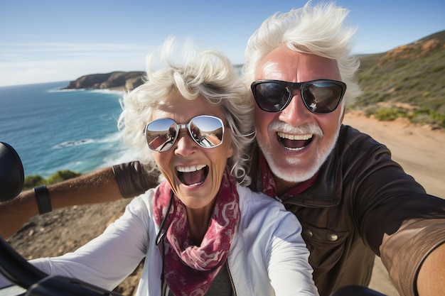 Couple senior mature sur moto dans le style de l'IA générative selfie