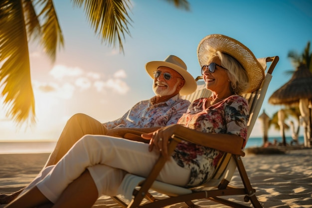 un couple senior profite du soleil sur des chaises de plage, d'un moment serein au bord de la mer et d'une chaleureuse étreinte de la nature