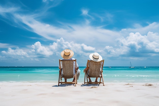 Couple senior se relaxant sur la plage avec une IA générative de ciel bleu