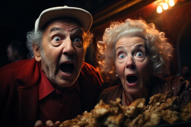 Photo un couple de seniors avec du pop-corn regardant un film d'horreur au cinéma.