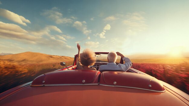 Photo un couple de seniors heureux conduisant sur une route de campagne vers le coucher du soleil dans une voiture de sport vintage classique.