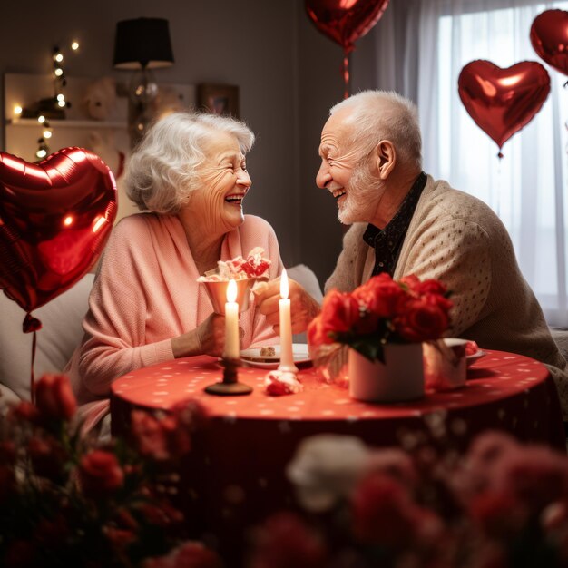 Un couple de seniors heureux fête la Saint-Valentin à la maison ils sont assis sur un canapé et souriant