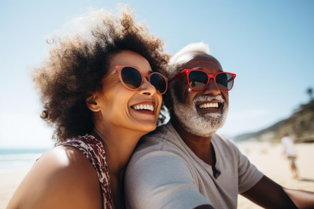 Un couple de seniors heureux avec des lunettes de soleil sur la plage