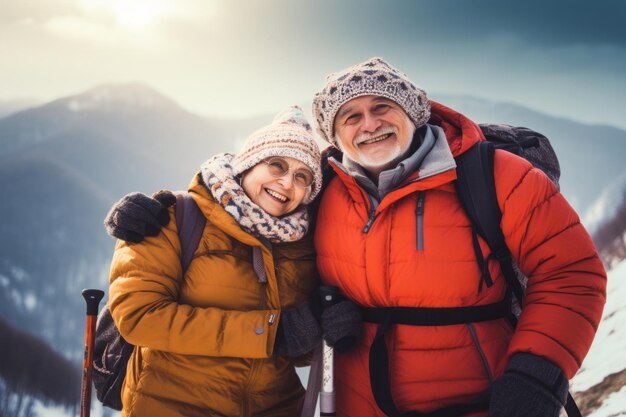 Un couple de seniors heureux en randonnée dans les montagnes d'hiver Voyage et mode de vie actif