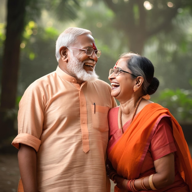 Un couple de seniors heureux rient dans le parc.