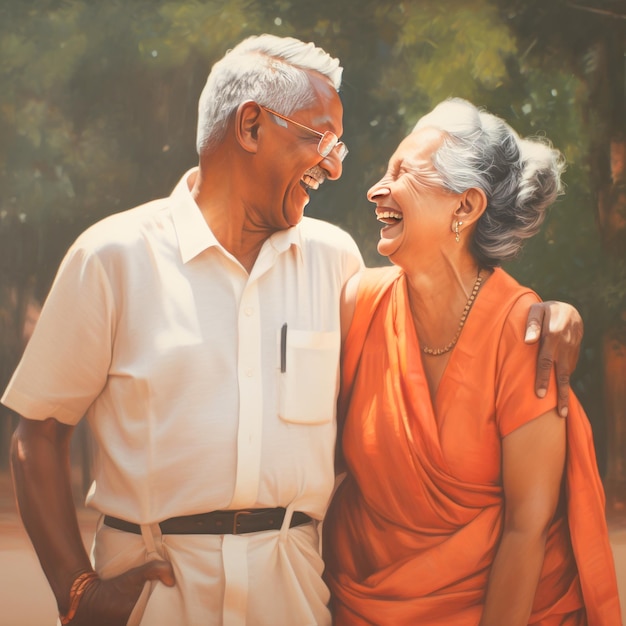 Un couple de seniors heureux rient dans le parc.