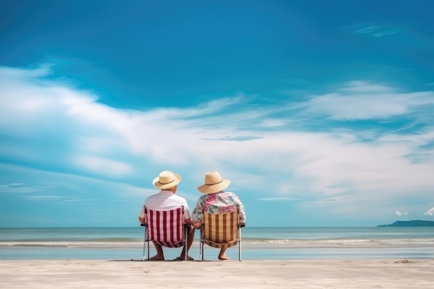 Un couple de seniors se détend sur la plage avec une IA générative de ciel bleu