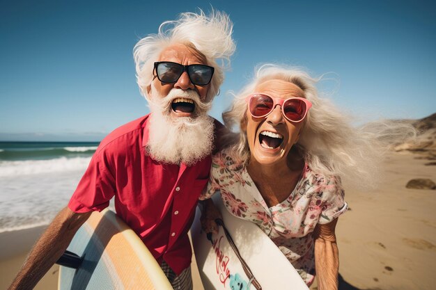 Un couple de seniors se détendant au bord de la mer par une journée ensoleillée.