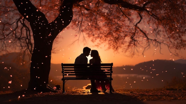 Photo un couple en silhouette est assis sur un banc sous un arbre d'amour.