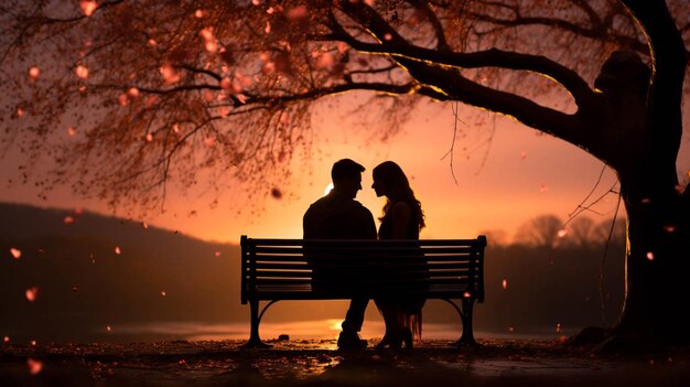 Un couple en silhouette est assis sur un banc sous un arbre d'amour.