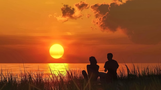 Photo un couple en silhouette regardant le coucher de soleil au bord de la mer