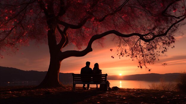 Un couple silhouetté s'assoit sur un banc sous un fond d'arbre d'amour pour la Saint-Valentin