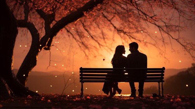 Un couple silhouetté s'assoit sur un banc sous un fond d'arbre d'amour pour la Saint-Valentin