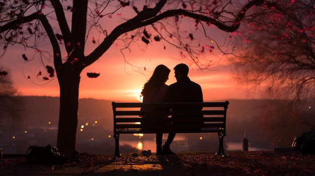 Un couple silhouetté s'assoit sur un banc sous un fond d'arbre d'amour pour la Saint-Valentin