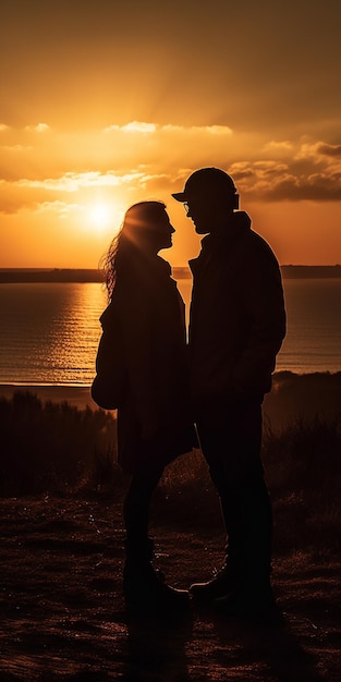 Un couple en silhouette avec le soleil couchant derrière eux