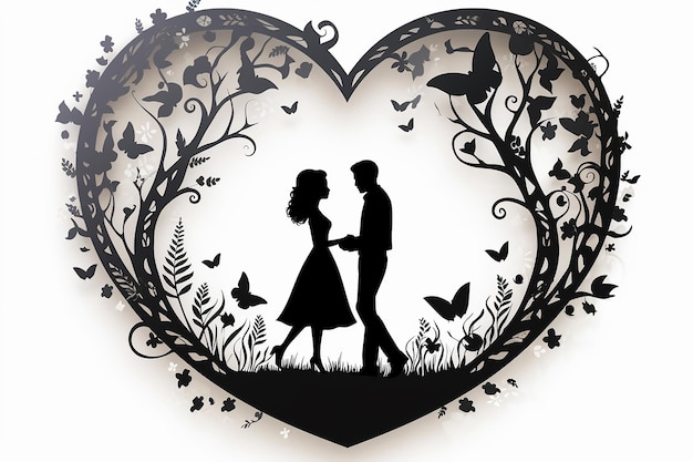 Couple de silhouettes d'artisanat à l'intérieur d'un cadre de cœur avec un motif sur un fond isolé