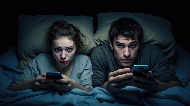 Couple avec smartphones dans leur lit Dépendance au téléphone mobile Ennuyé couple éloigné ignorant