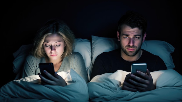 Couple avec smartphones dans leur lit Dépendance au téléphone mobile Ennuyé couple éloigné ignorant