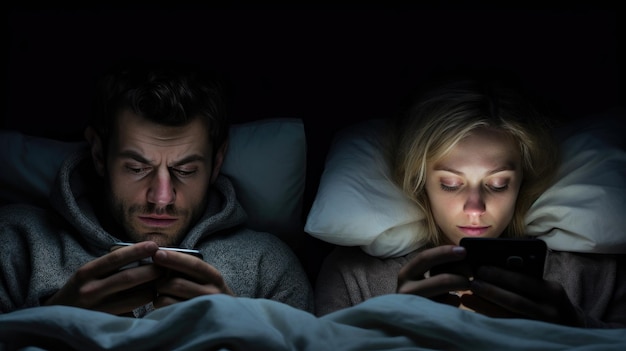 Couple avec smartphones dans leur lit Dépendance au téléphone mobile Ennuyé couple éloigné ignorant