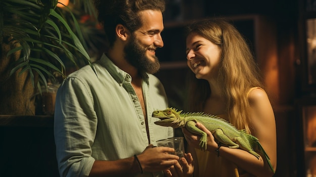 Photo un couple avec son iguane de compagnie