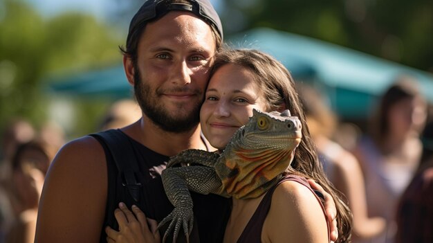 Photo un couple avec son iguane de compagnie